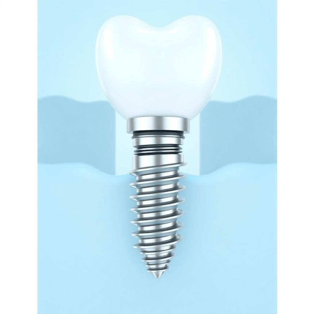 Diagram of a dental implant with titanium post, abutment and crown